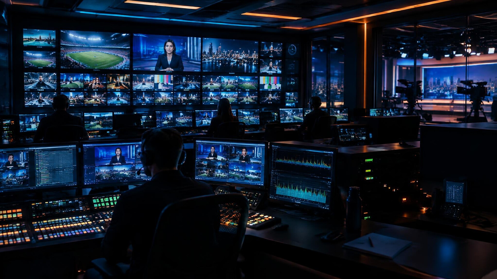 Television broadcast control room with multiple monitors
