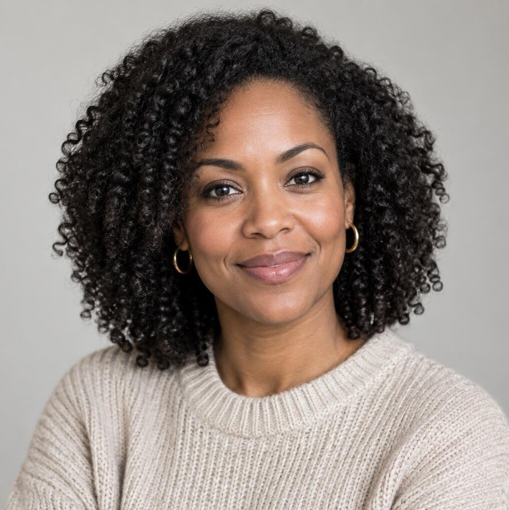 Portrait of a woman with dark curly hair