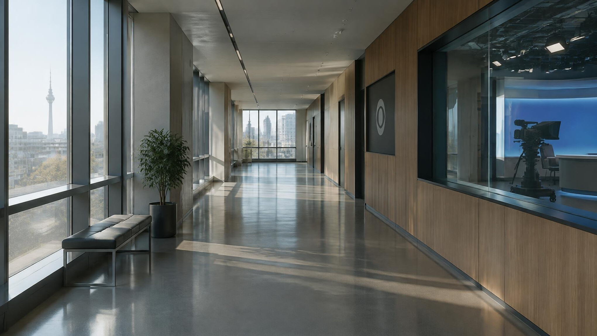 Quiet hallway inside a television broadcasting building