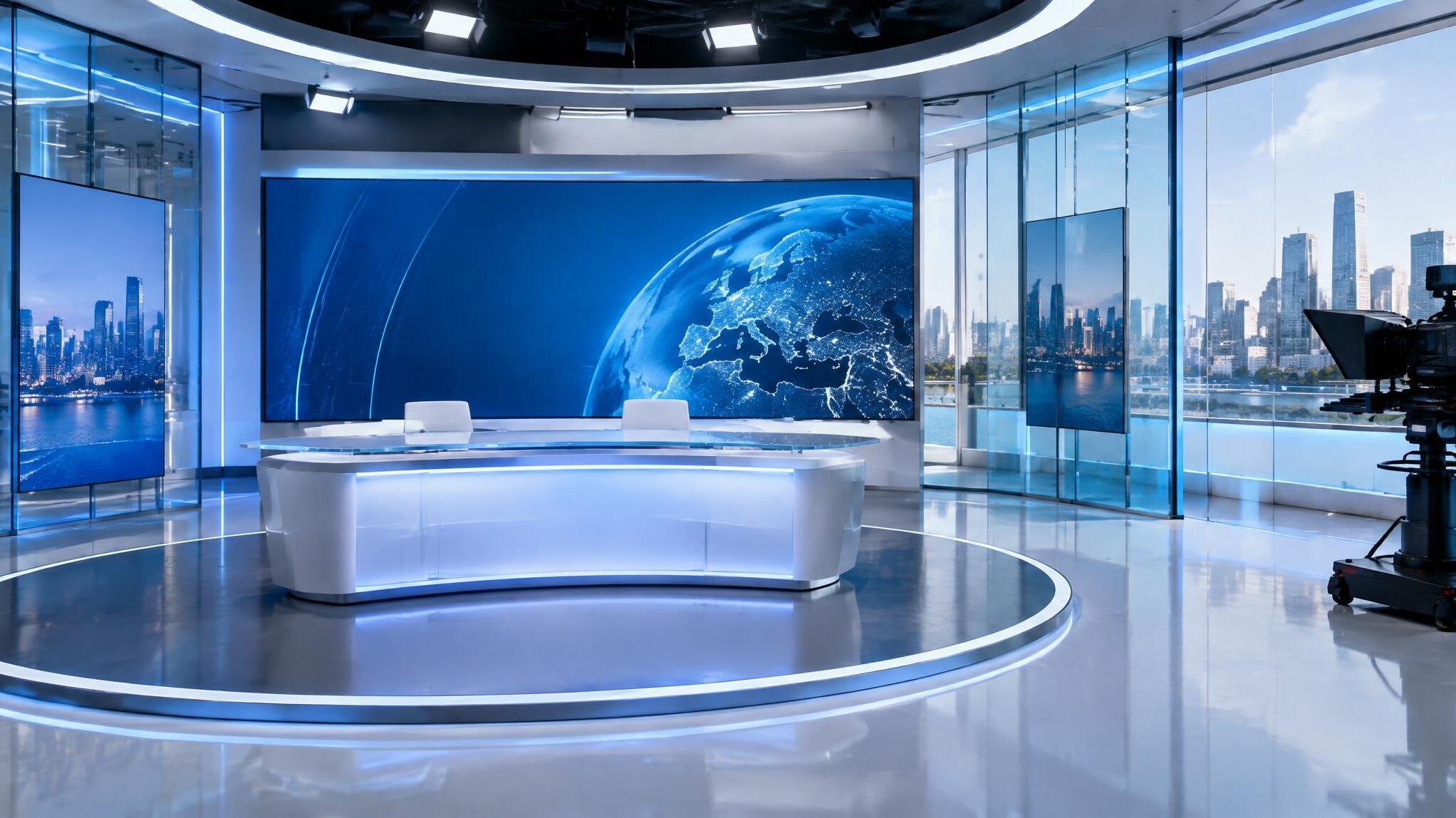 Modern glass-walled digital television studio