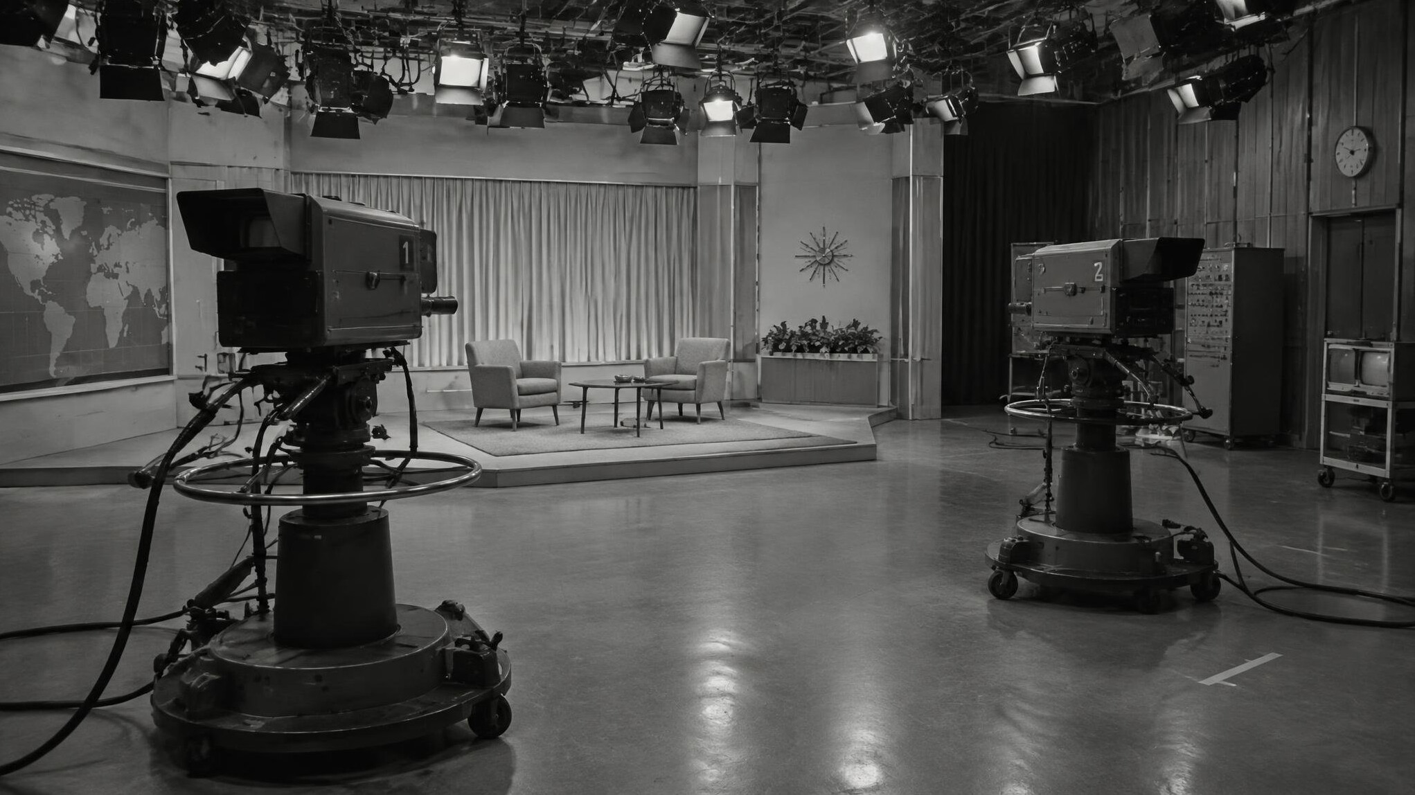 Black and white television studio with large cameras