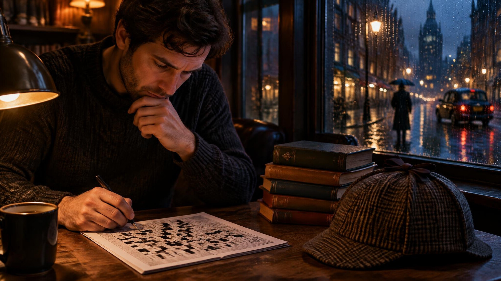 man solving crossword puzzle