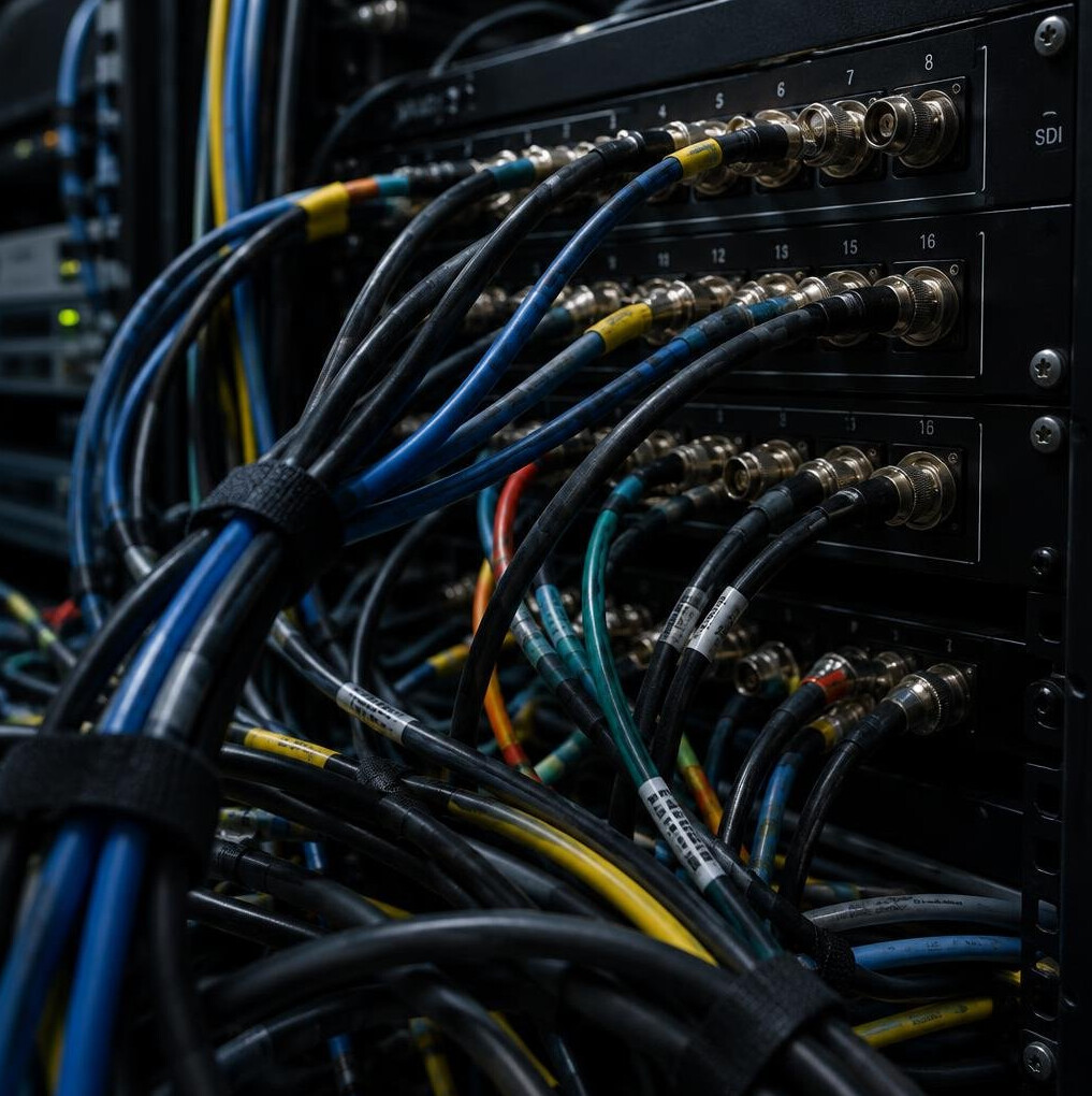 Tangled broadcast cables and patch panel