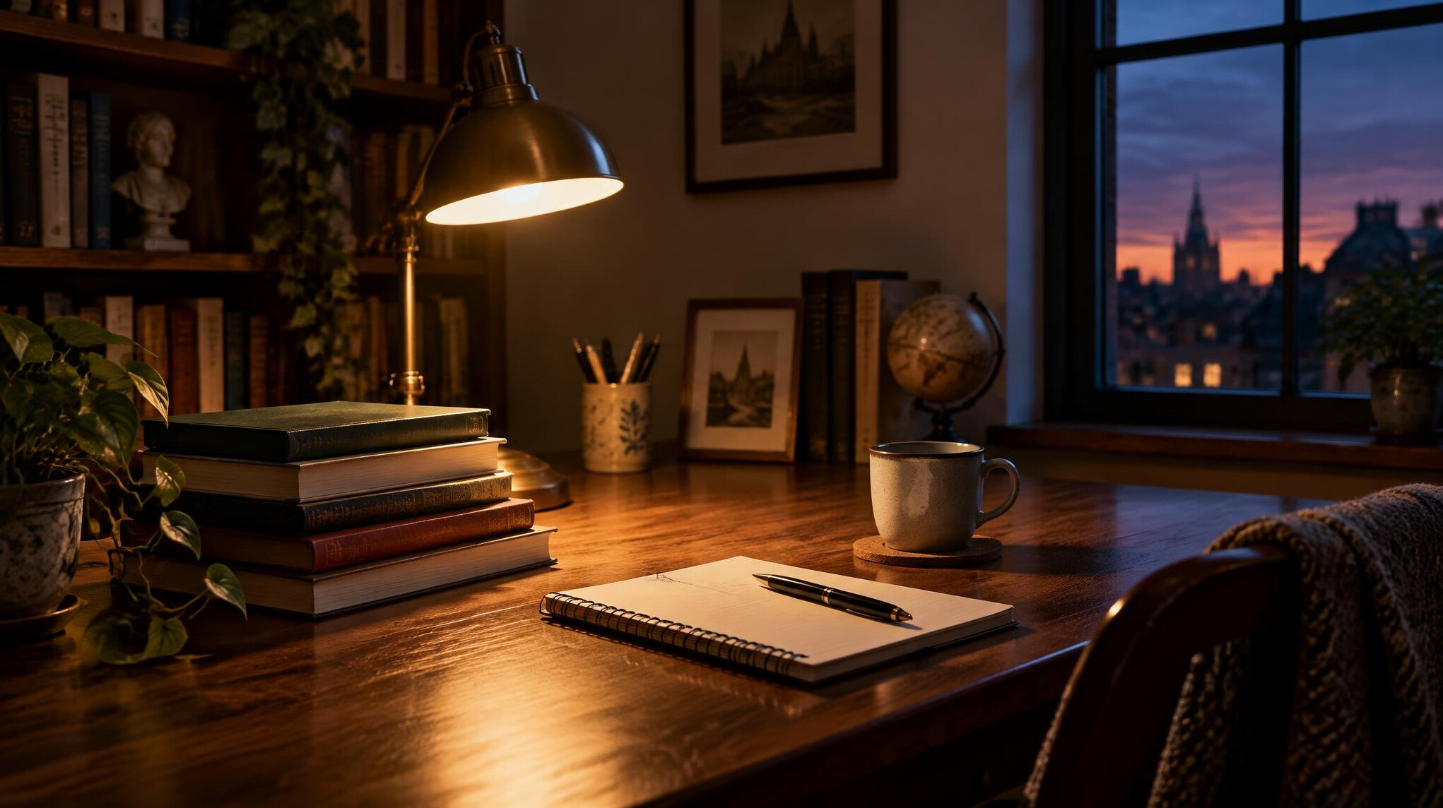 Reading desk with lamp and books