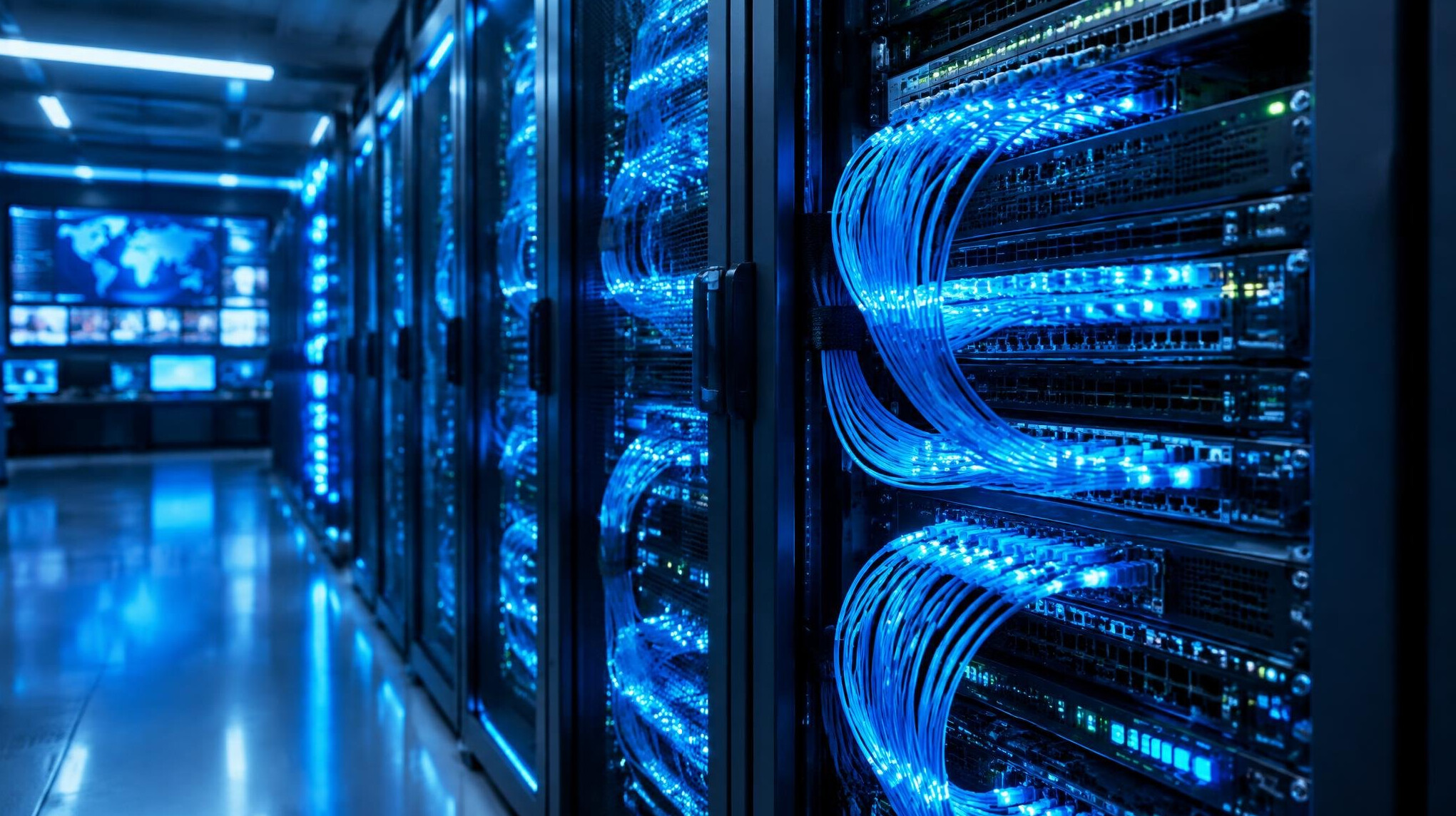Server racks with fiber optic cables glowing blue