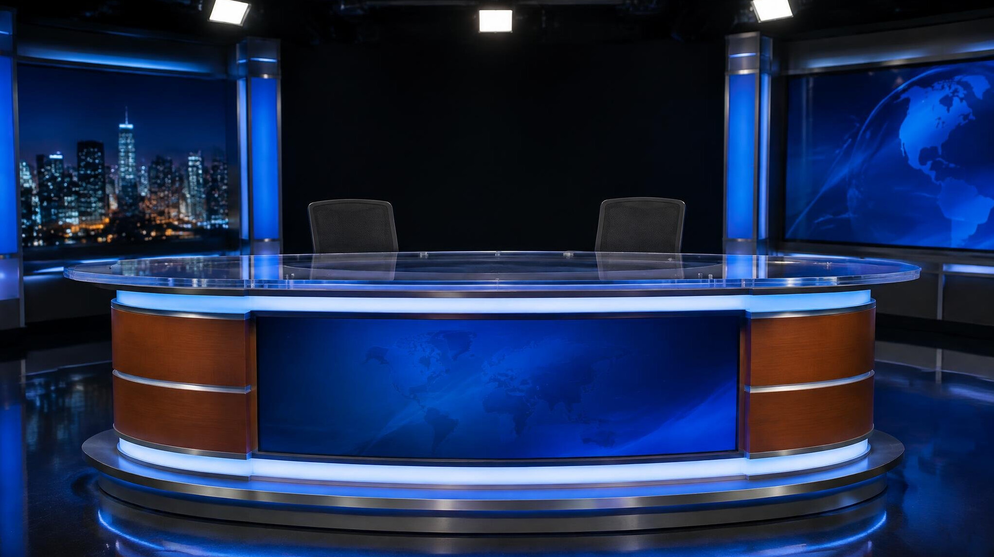Empty television news desk under studio lighting