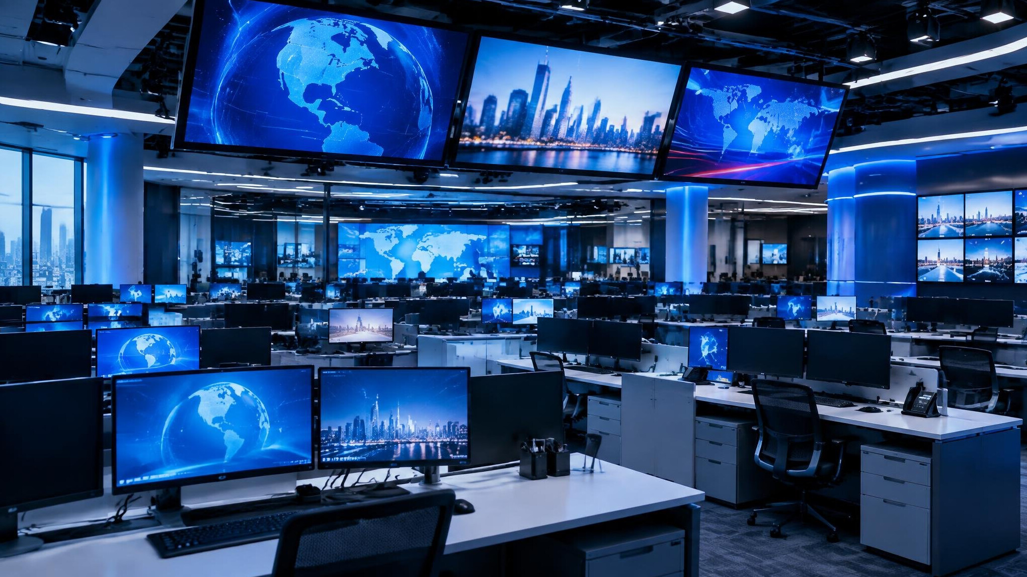 Digital newsroom with multiple computer screens