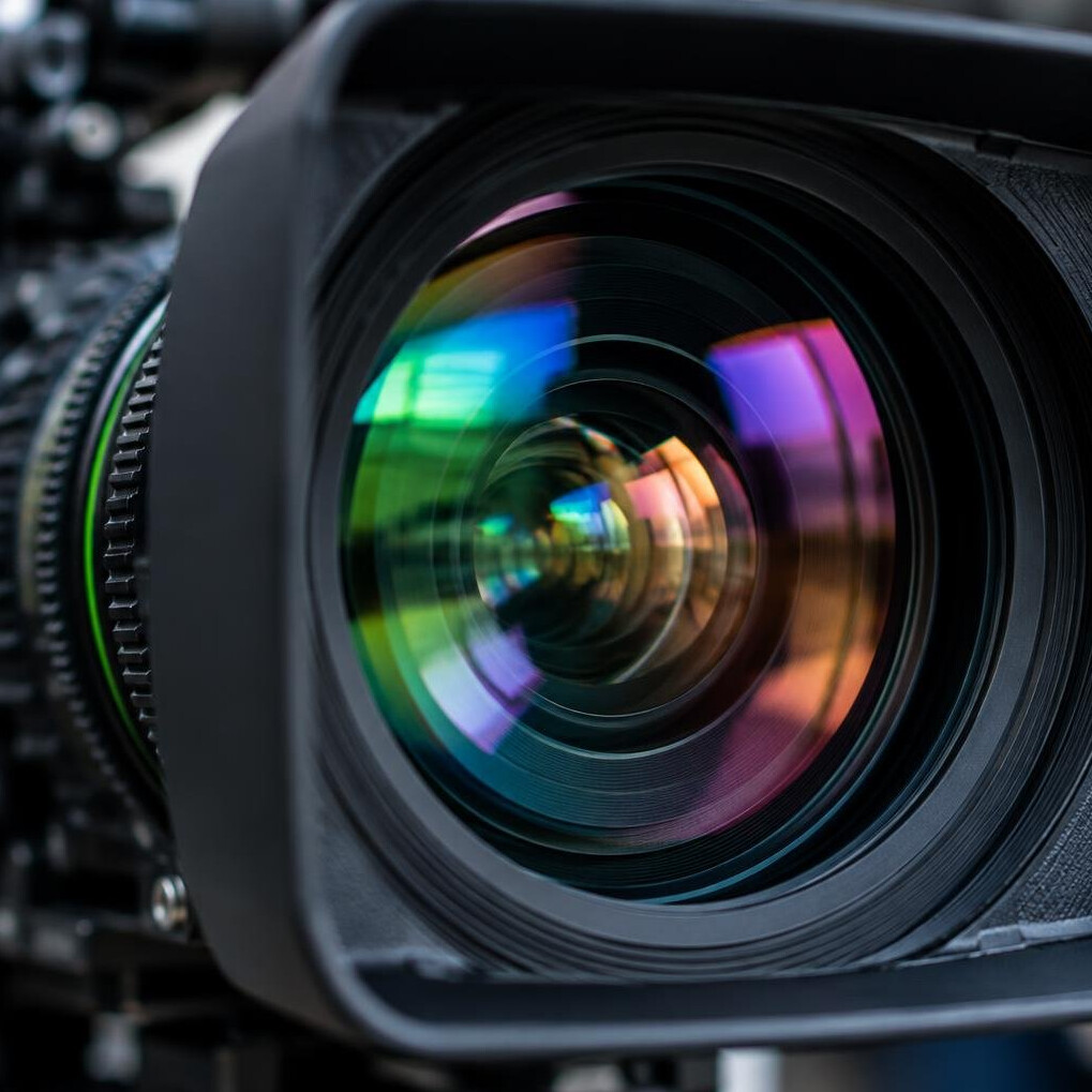 Close-up of a broadcast camera lens with reflections
