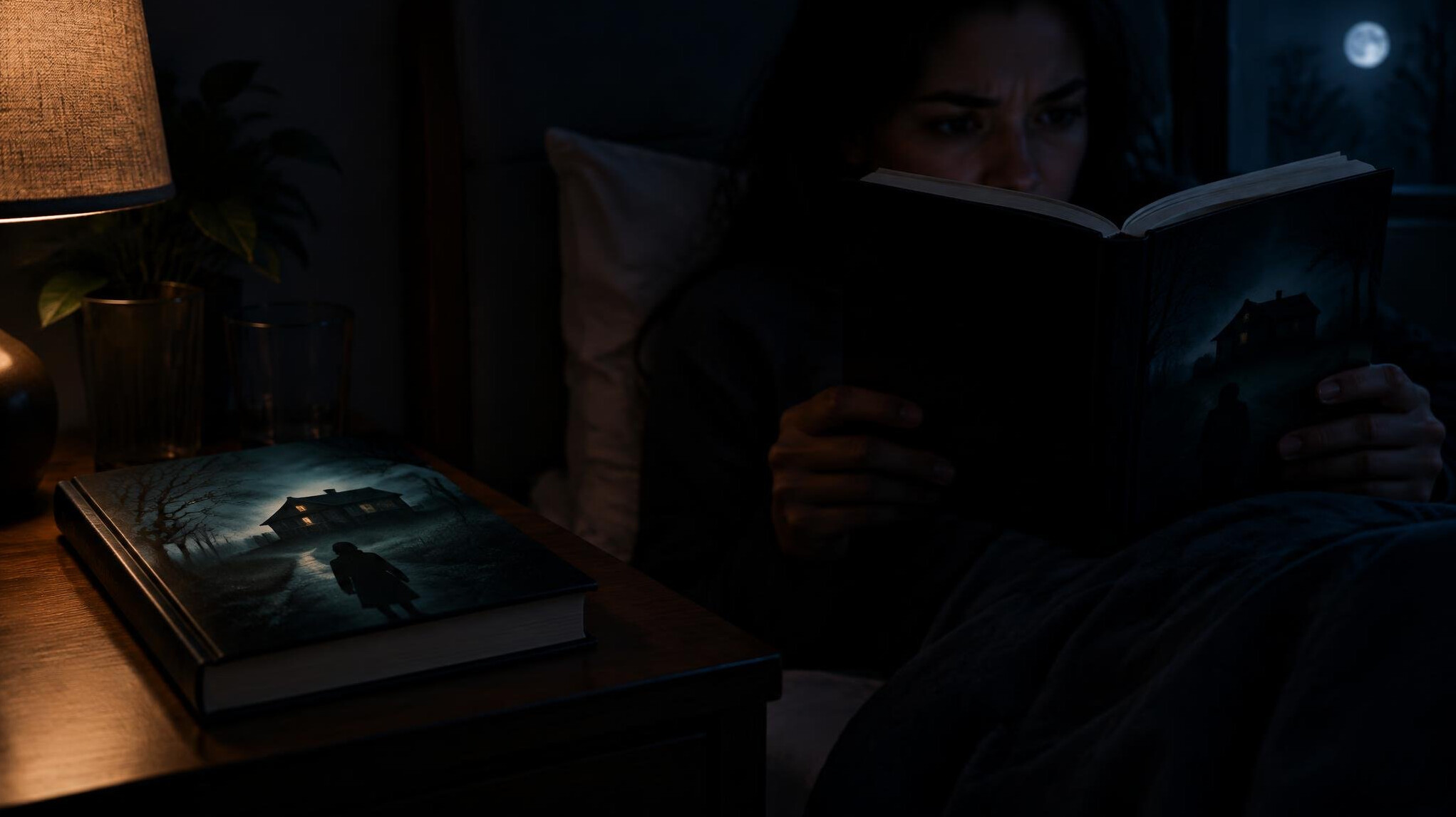 book on nightstand in dark room