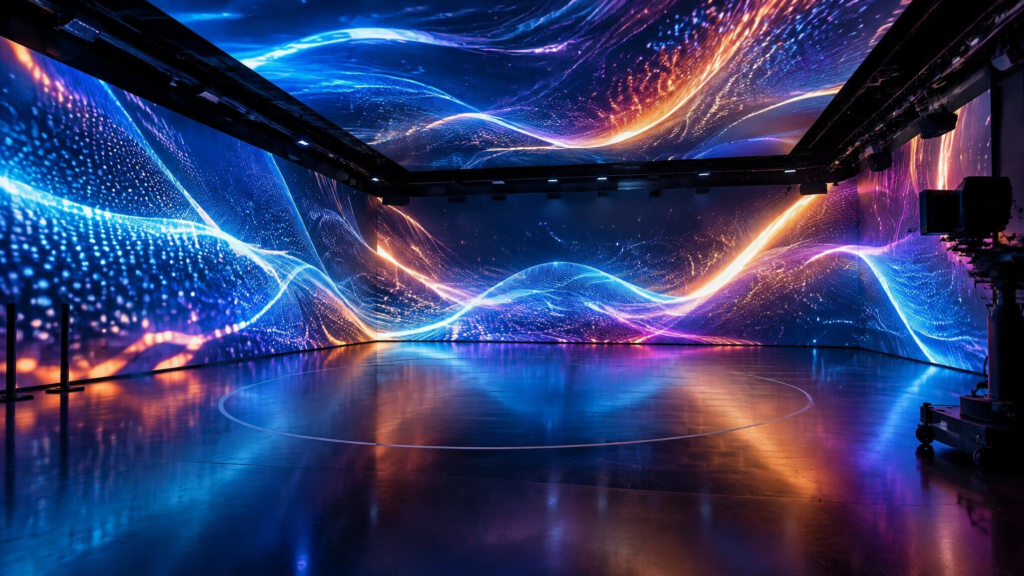 Immersive LED volume studio with abstract light patterns