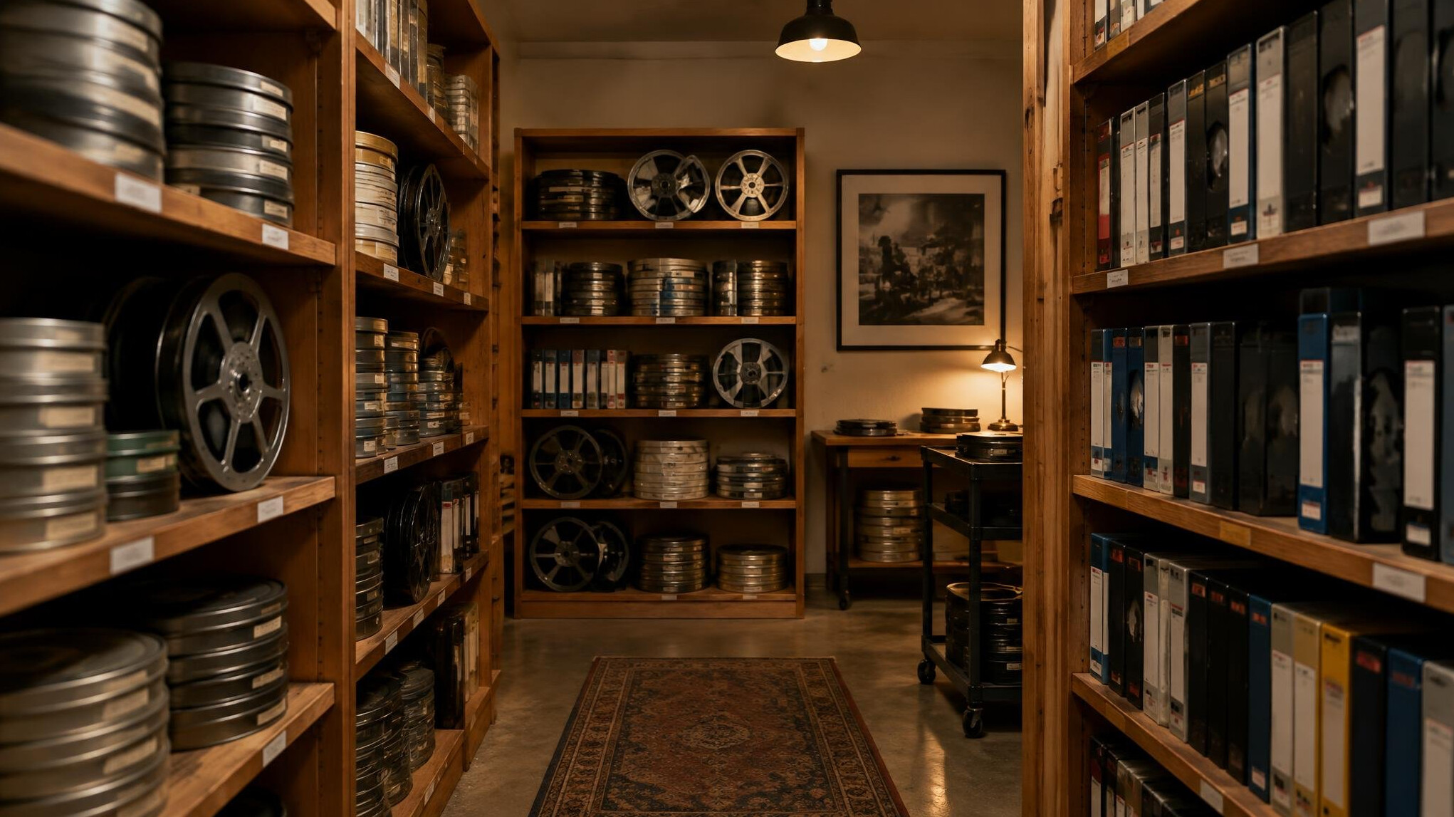 Archive storage room with film reels on shelves