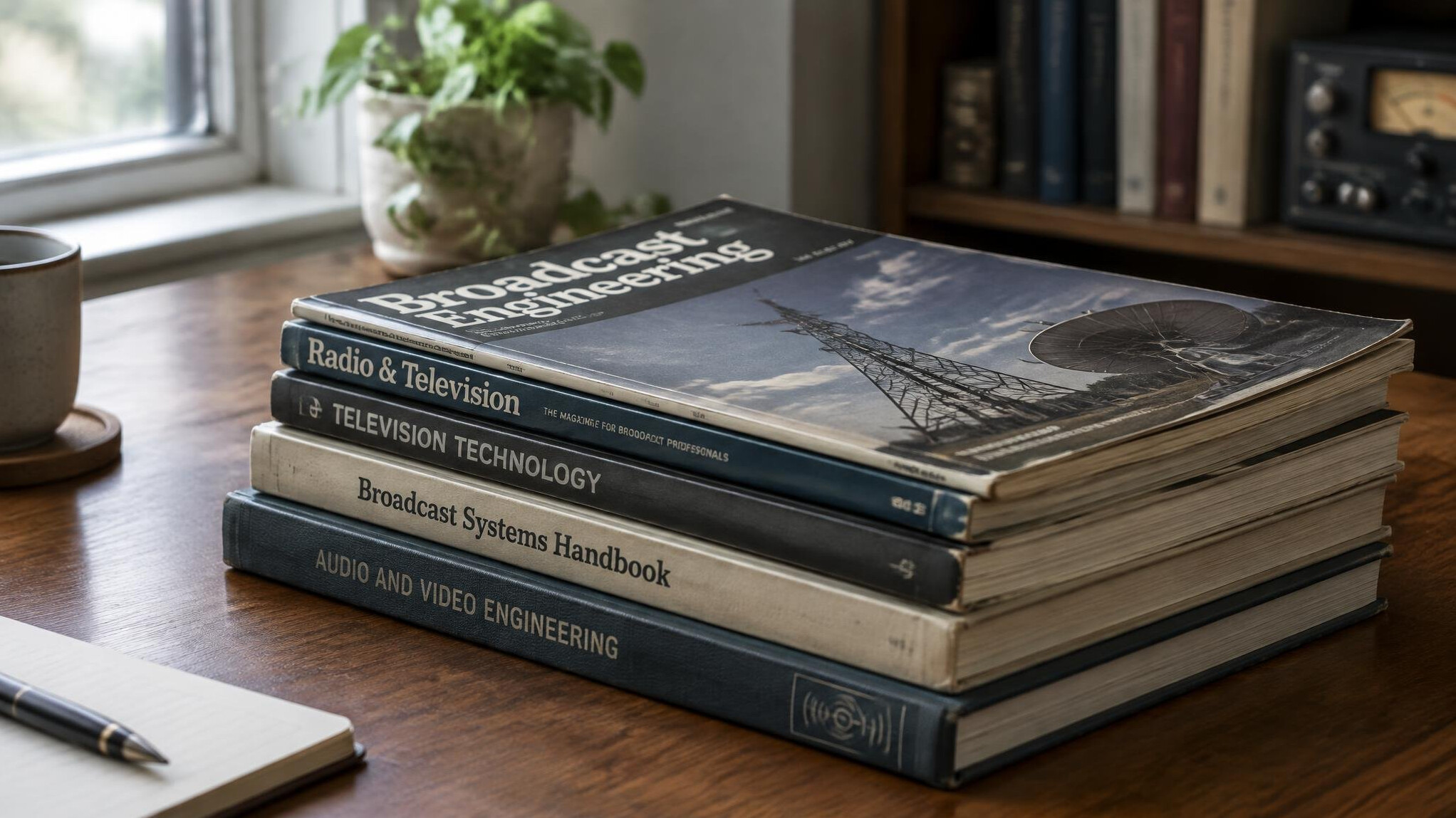 Stack of archival broadcasting magazines and technical manuals