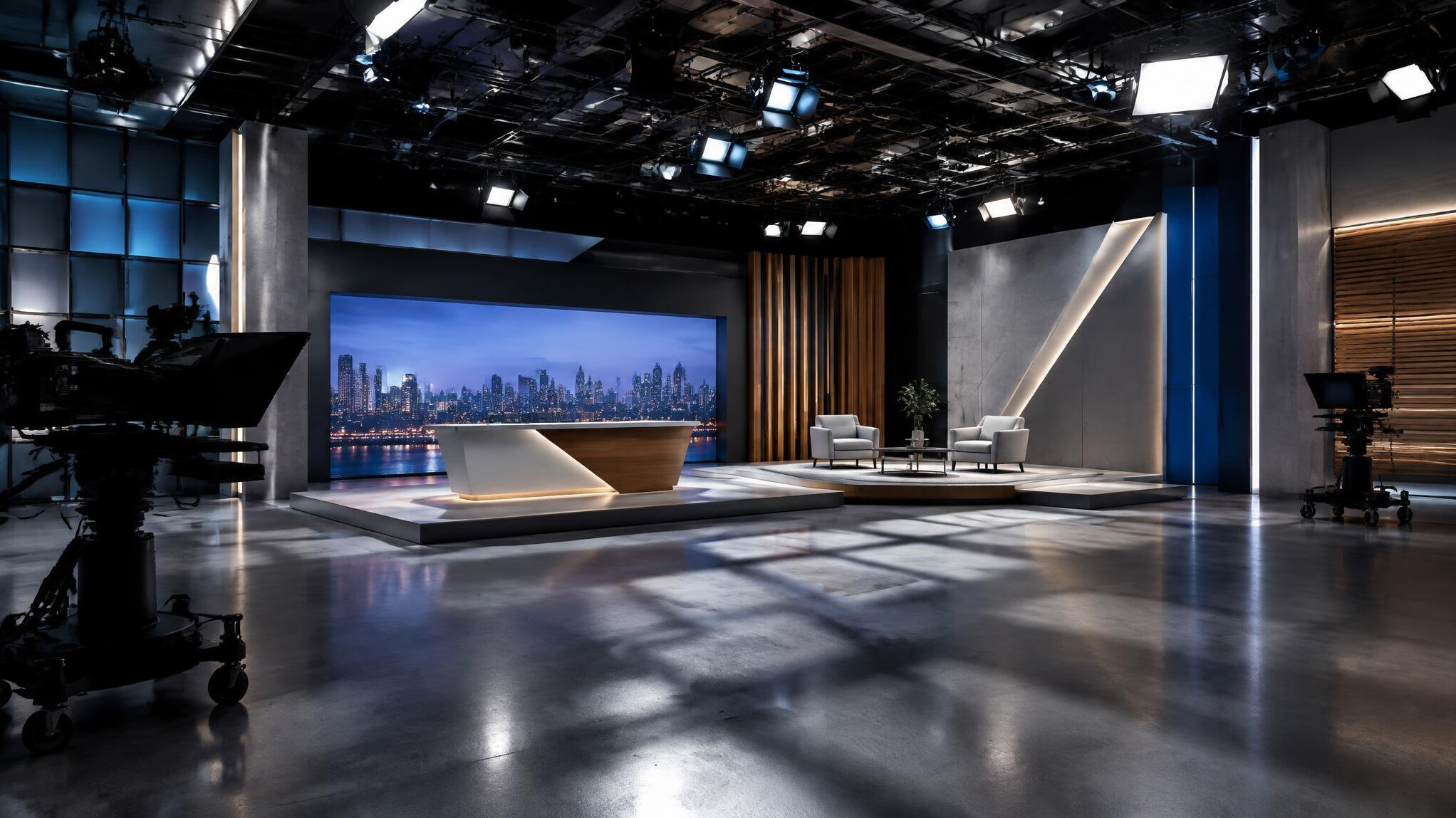 Modern television studio set with structural lighting rig