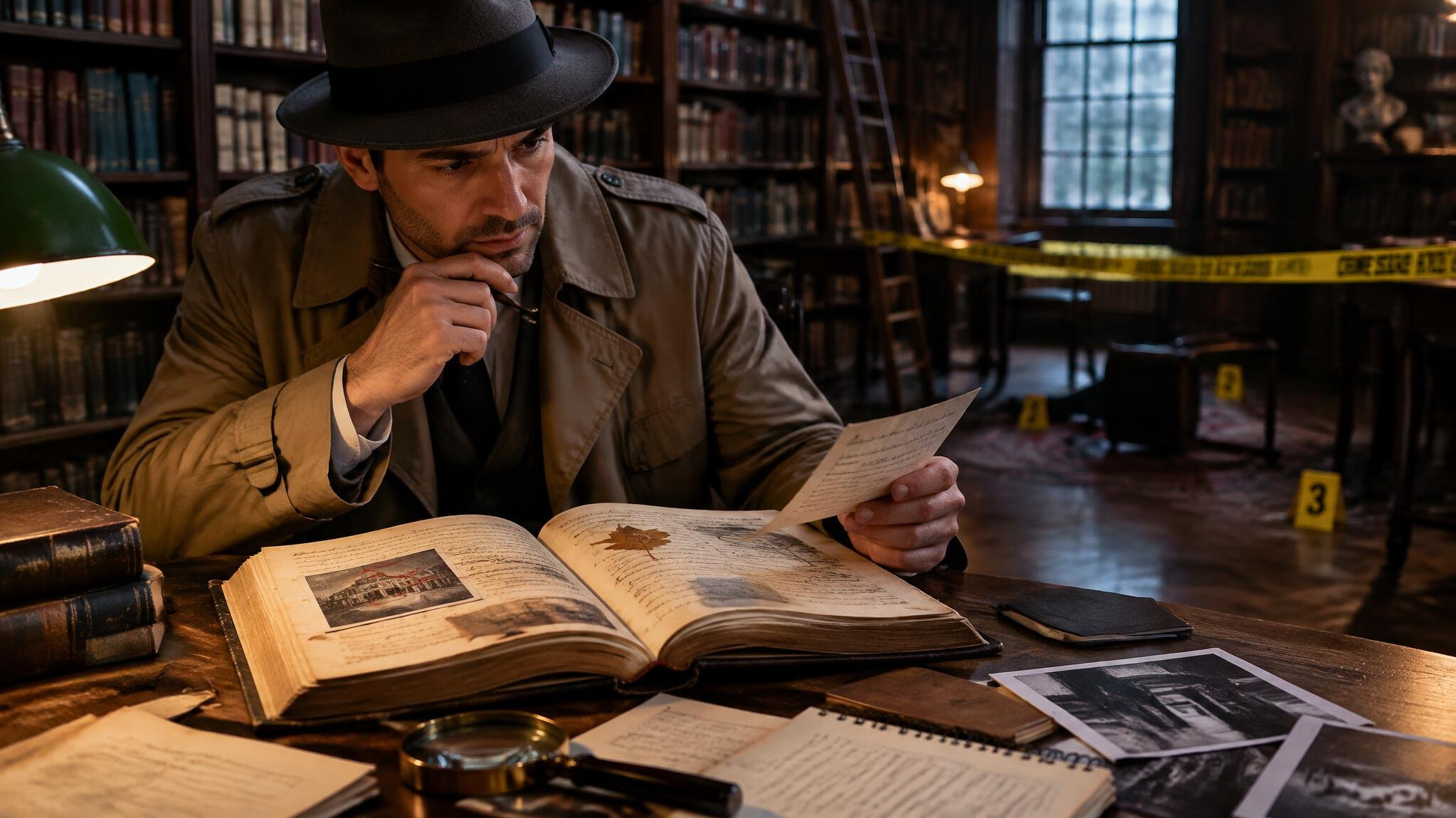 detective solving case in library