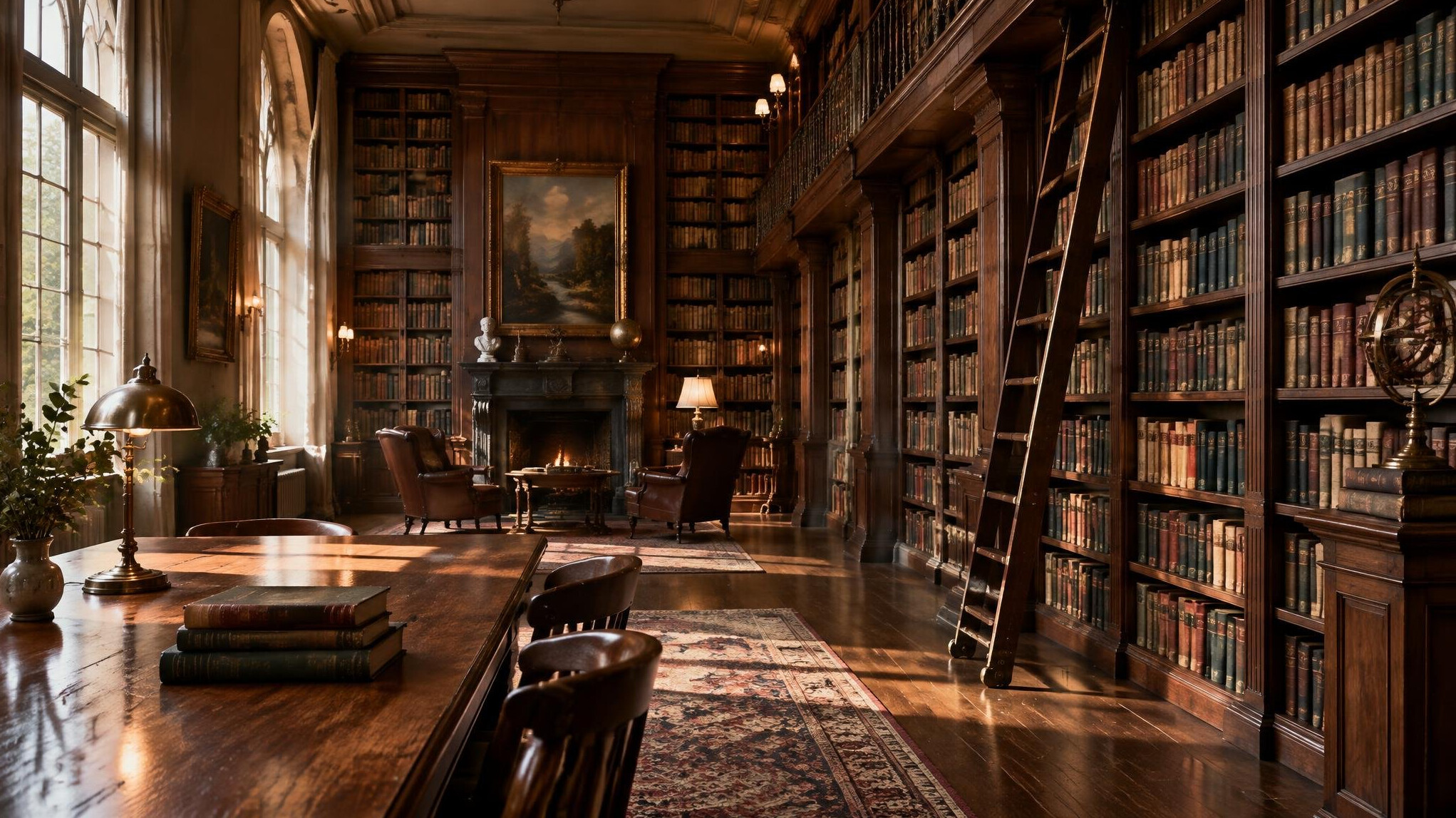 Tall wooden library shelves filled with books