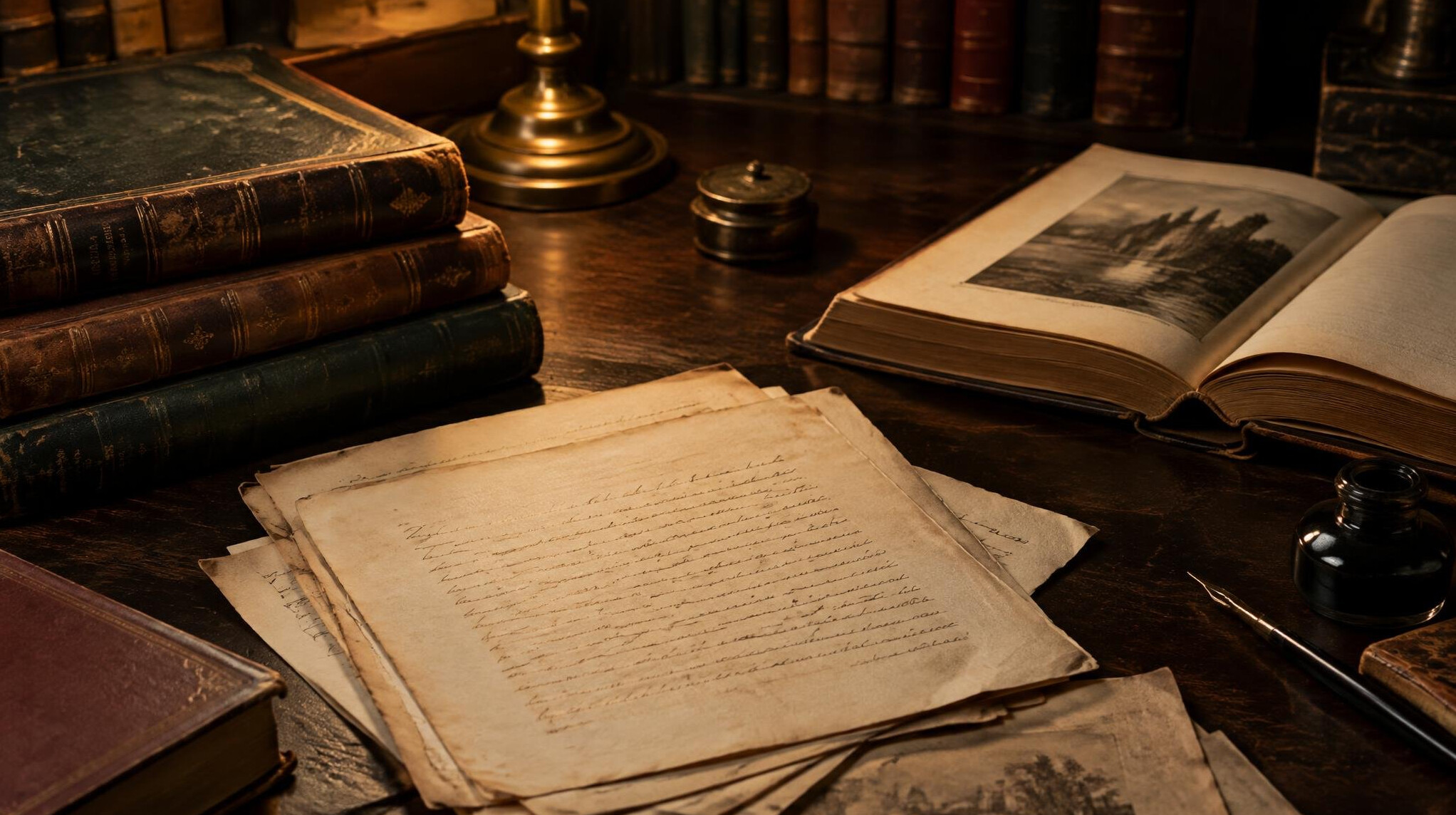 Stack of old books and manuscripts on a desk