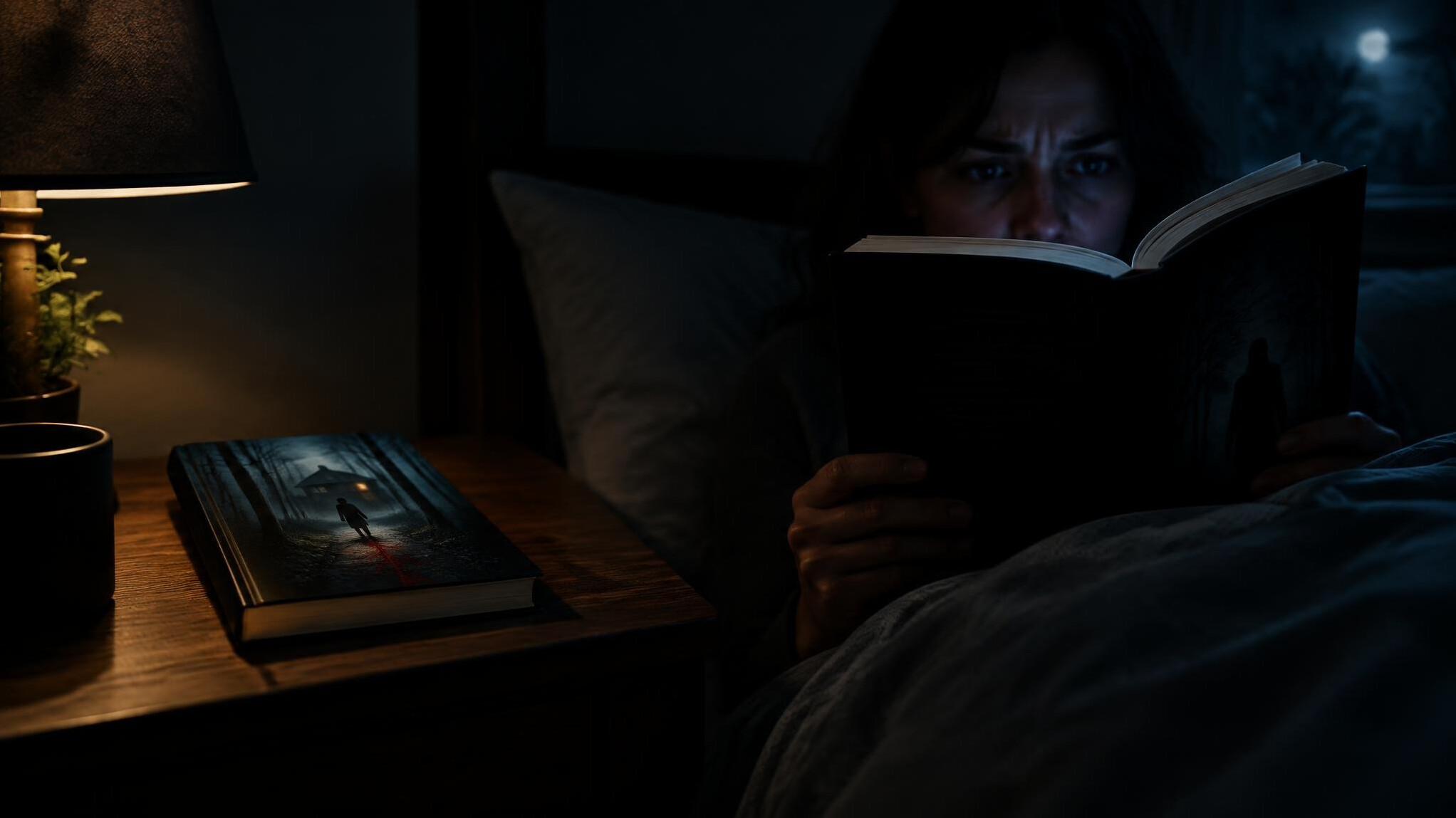 book on nightstand in dark room