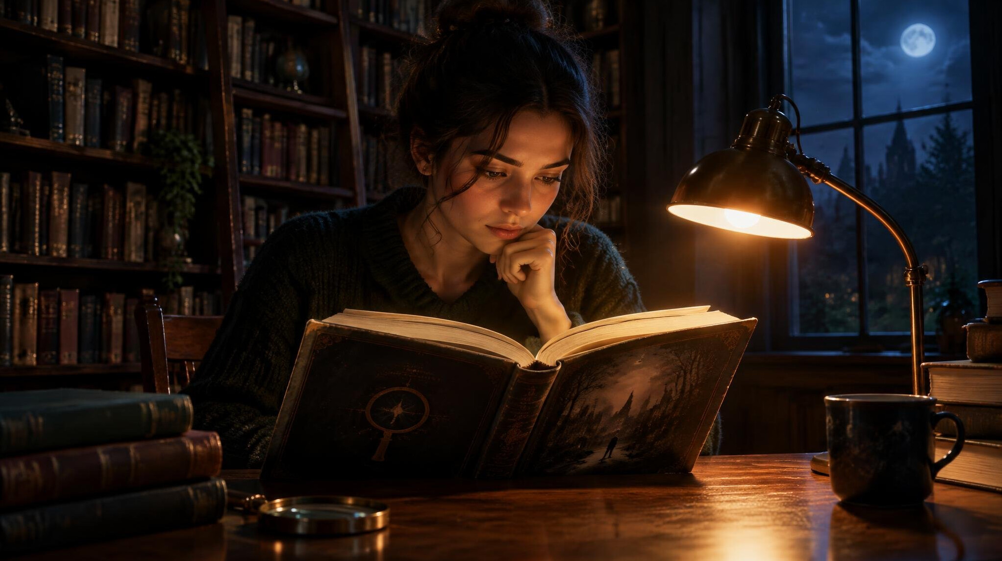 person reading book at night