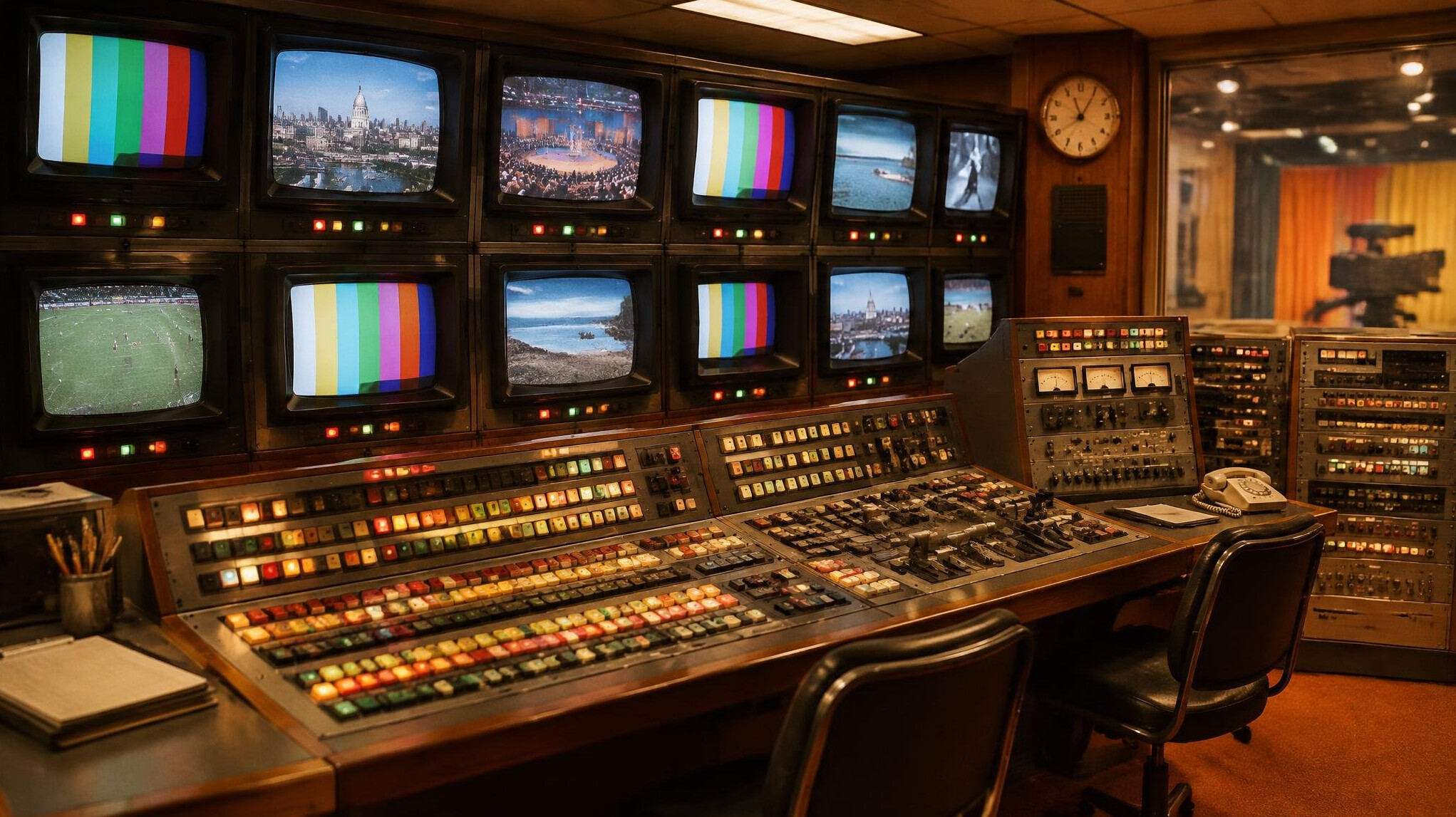 Colour television control room with illuminated monitors